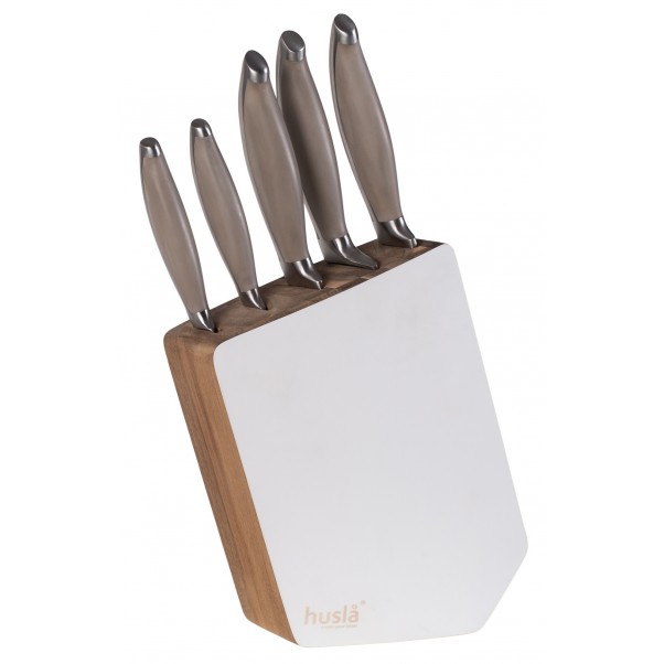 Set of 5 kitchen knives in an acacia...